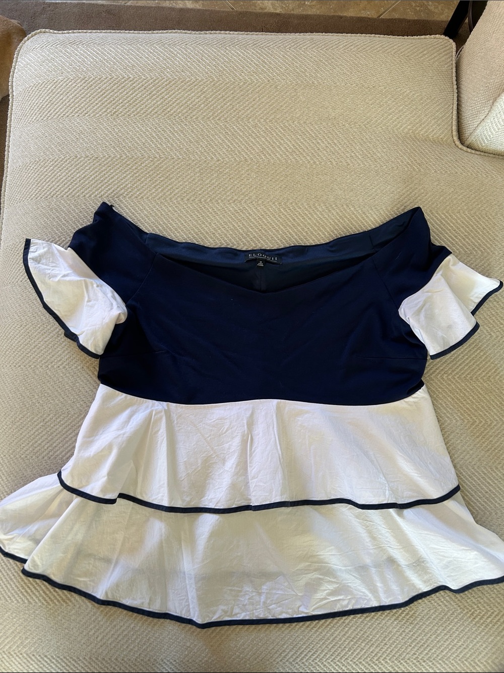 Eloquii Navy and White Ruffle Off-Shoulder Peplum Top